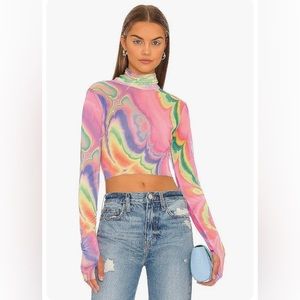 AFRM Abstract Multi Marble Micaela Long Sleeve Cropped Mesh Top